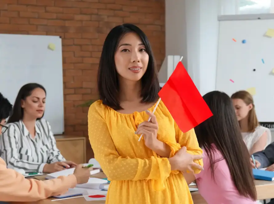 woman holding red flag